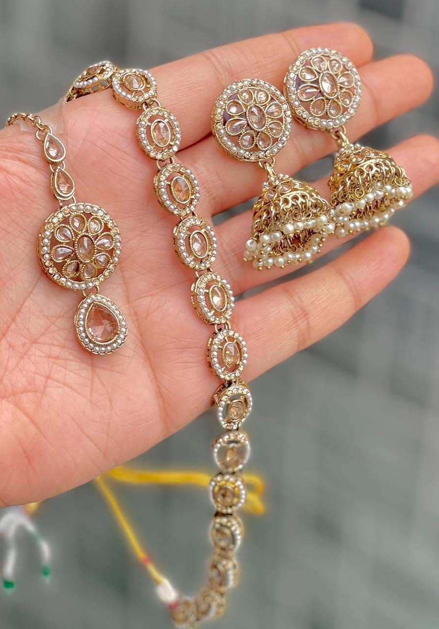 Beautiful Premium Quality Reverse Ad Stone Work Pakistani Sleek Neckline With Beautiful Jhumkie And 