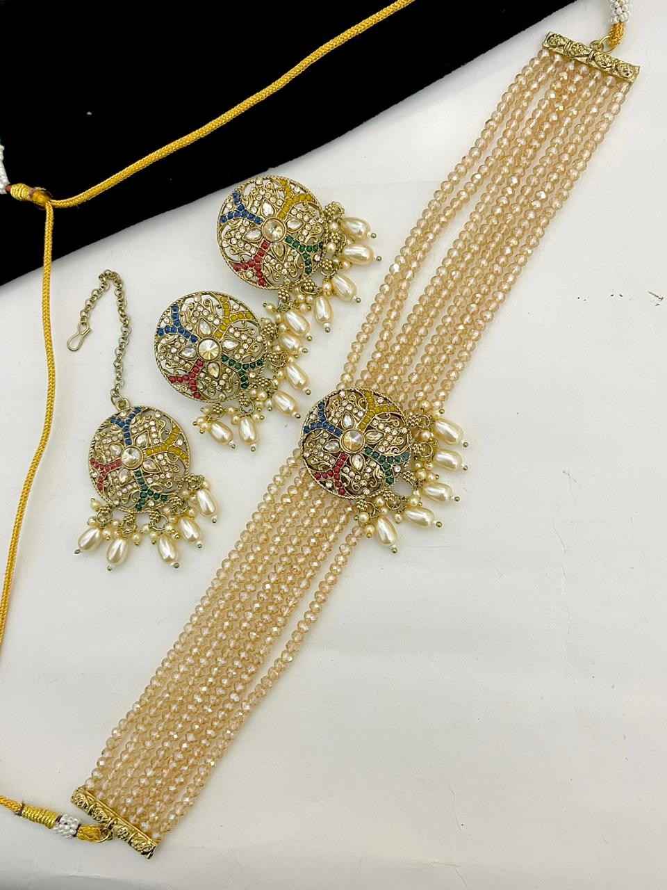 Beautiful Premium Quality Reverse Ad Stone Work Chokker With Big Size Studs With Tika….