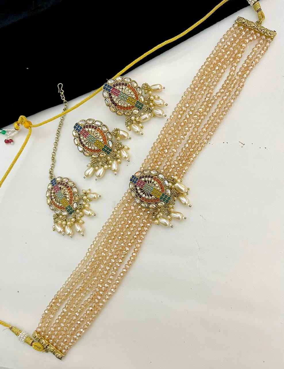 Beautiful Premium Quality Reverse Ad Stone Work Chokker With Big Size Studs With Tika….