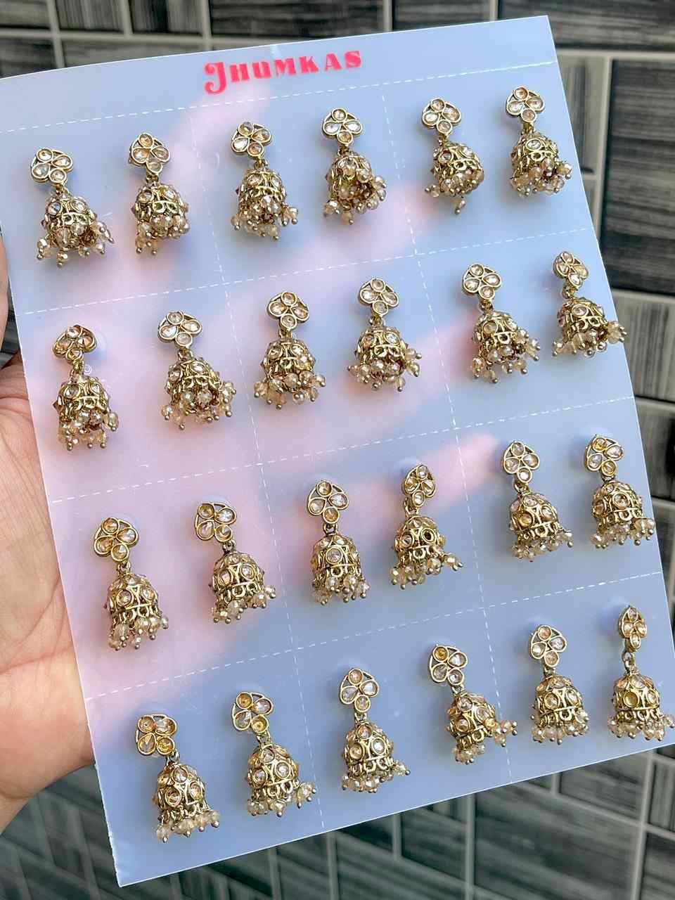 Beautiful Premium Quality Reverse Ad Stone Work 12 Pairs Of Small Jhumki Packing….