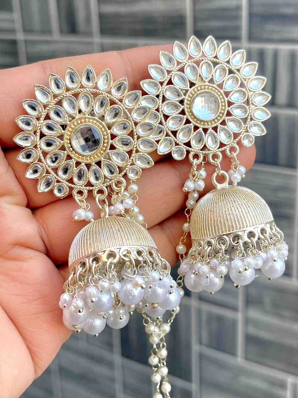 Beautiful Premium Quality  Kundan Pearl Kan Chain Jhumka….