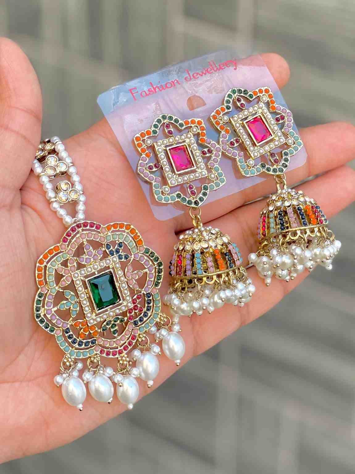 Beautiful Premium Quality Reverse Ad Pakistani Work Jhumka With Big Size Tika….