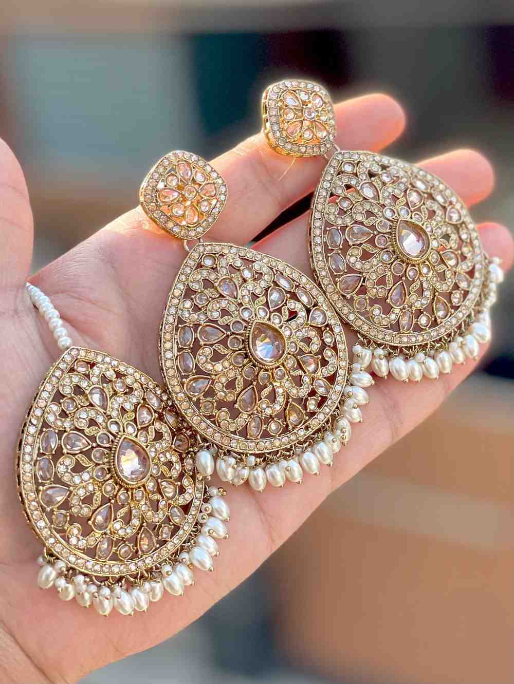 Beautiful Premium Quality Reverse Ad Stone And Mirror ? Work  Pakistani  Look Earrings And Tika…. NE