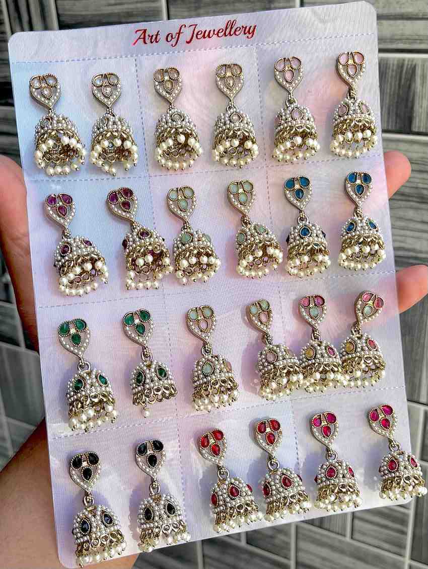 Beautiful Premium Quality  Reverse Ad Stone Work Polky Jhumkies Card Of 12 Pairs