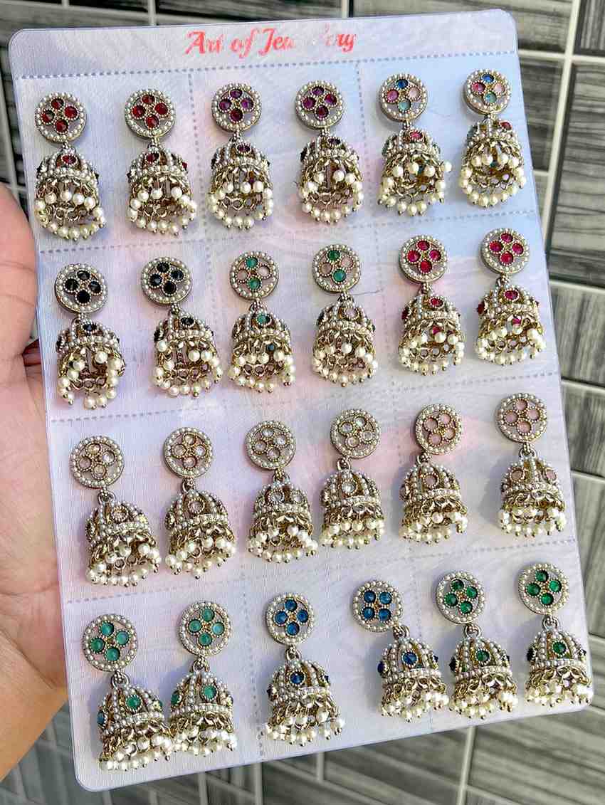 Beautiful Premium Quality  Reverse Ad Stone Work Polky Jhumkies Card Of 12 Pairs
