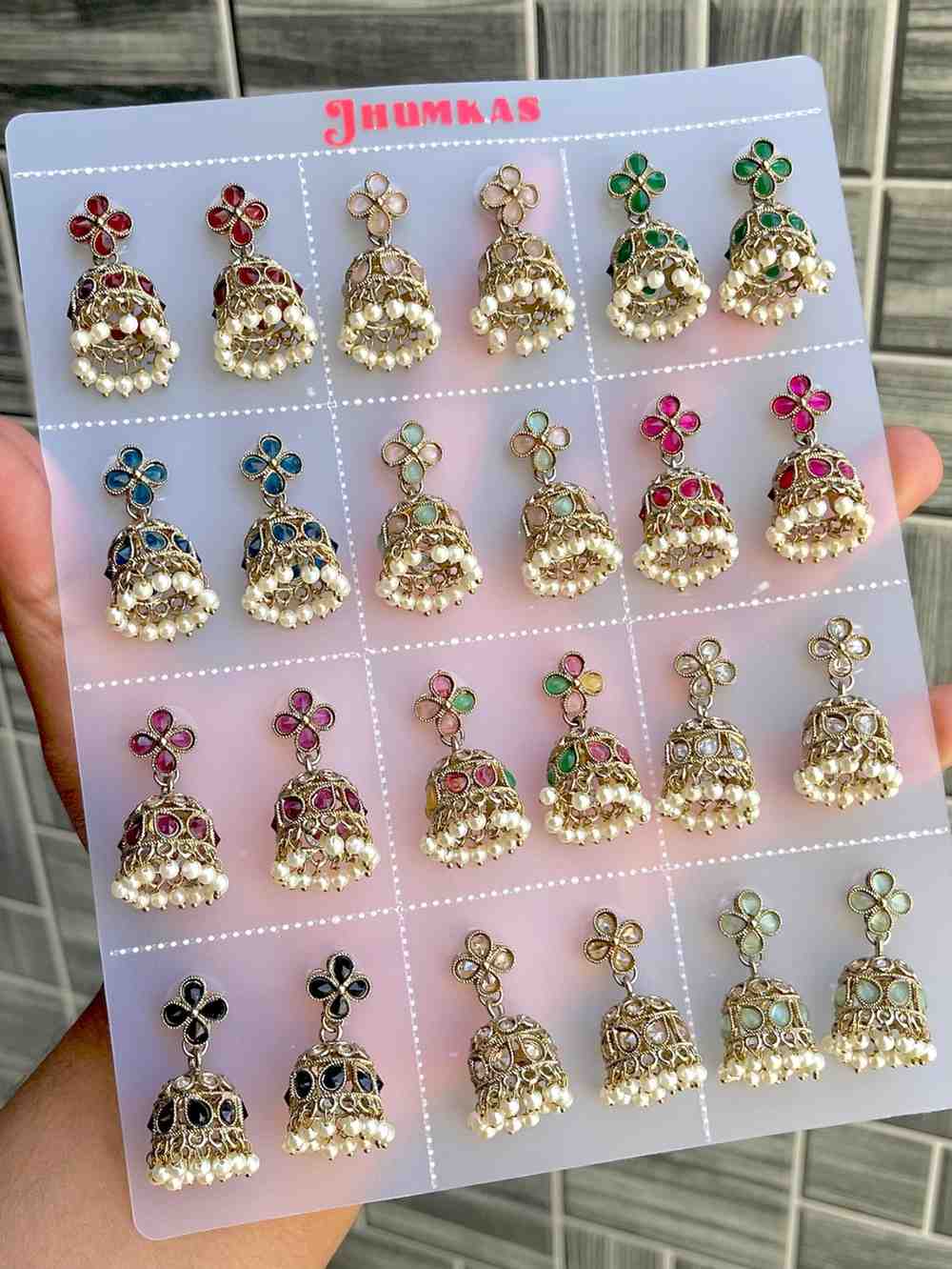 Beautiful Premium Quality  Reverse Ad Stone Work Polky Jhumkies Card Of 12 Pairs