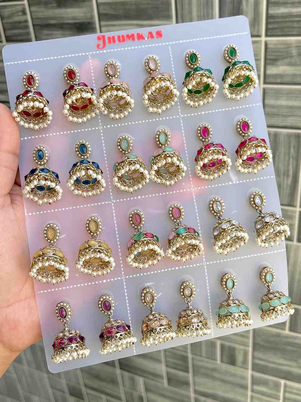 Beautiful Premium Quality  Reverse Ad Stone Work Polky Jhumkies Card Of 12 Pairs
