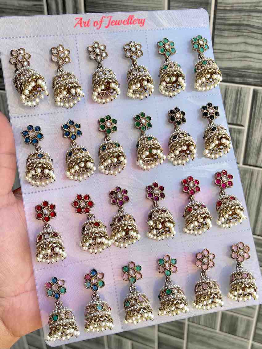 Beautiful Premium Quality  Reverse Ad Stone Work Polky Jhumkies Card Of 12 Pairs