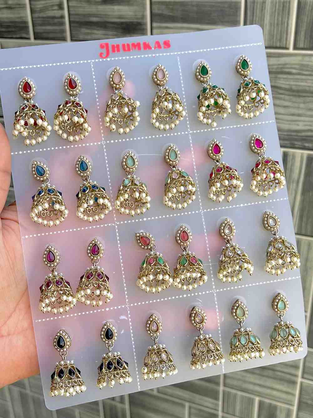 Beautiful Premium Quality  Reverse Ad Stone Work Polky Jhumkies Card Of 12 Pairs
