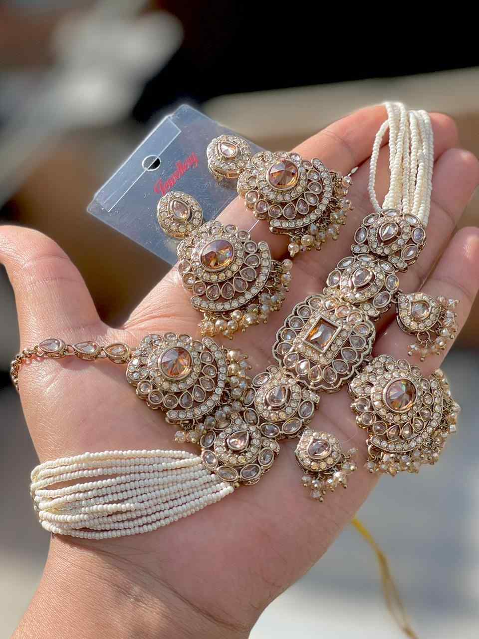 Beautiful Premium Quality Reverse Ad Stone Work V Shape Necklace With Beautiful Earrings And tika...