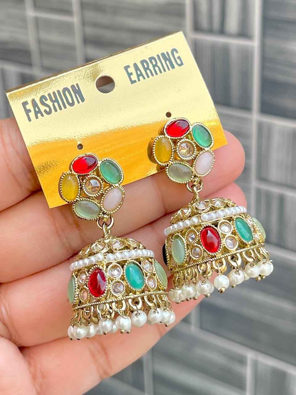 Beautiful Premium Quality Reverse Ad Stone work Jhumki...