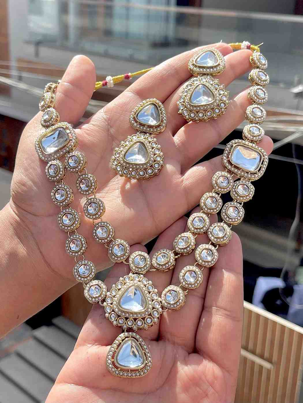 Beautiful Premium Quality Reverse Ad Stone Work Pakistani Long Double Layer Necklace With Beautiful 