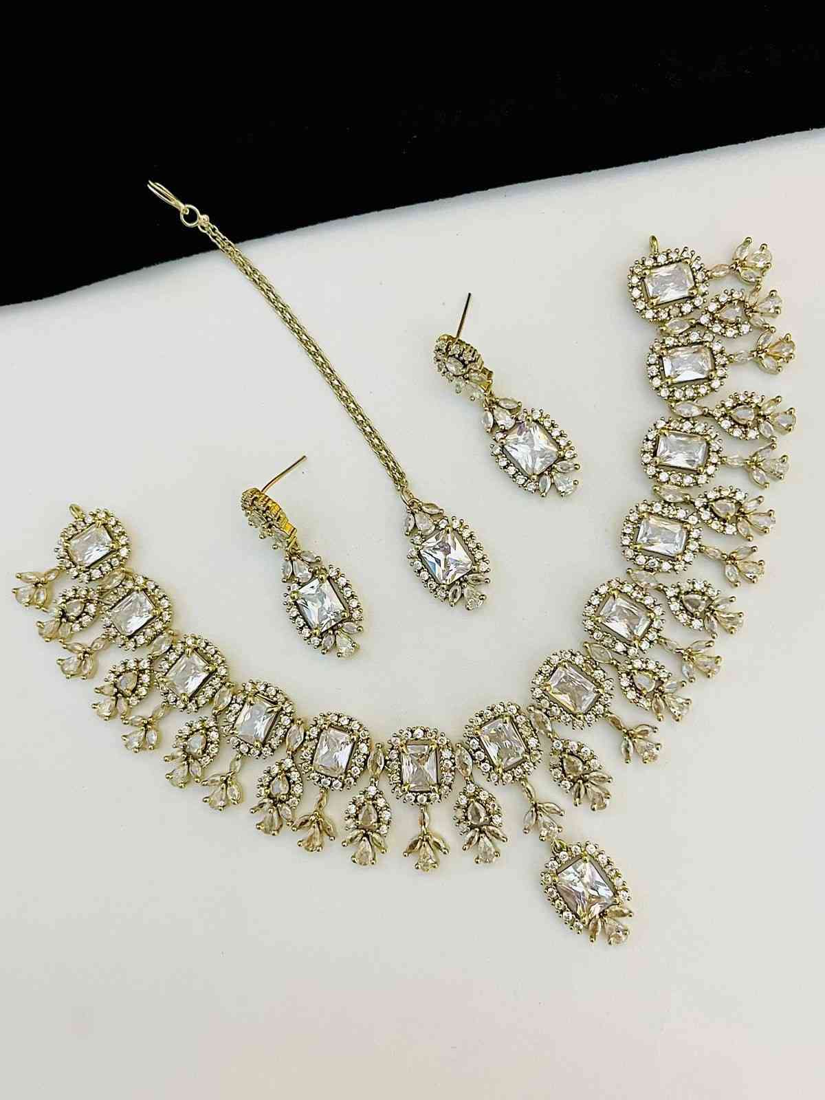 Beautiful Premium Quality American Diamond Necklace With Beautiful  Earrings And Tika....