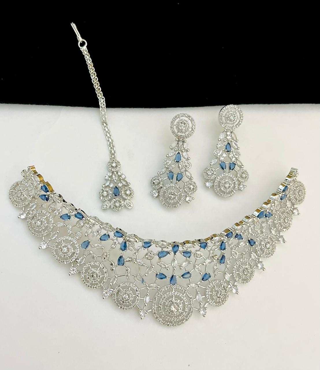 Beautiful Premium Quality American Diamond Necklace With Beautiful  Earrings And Tika....