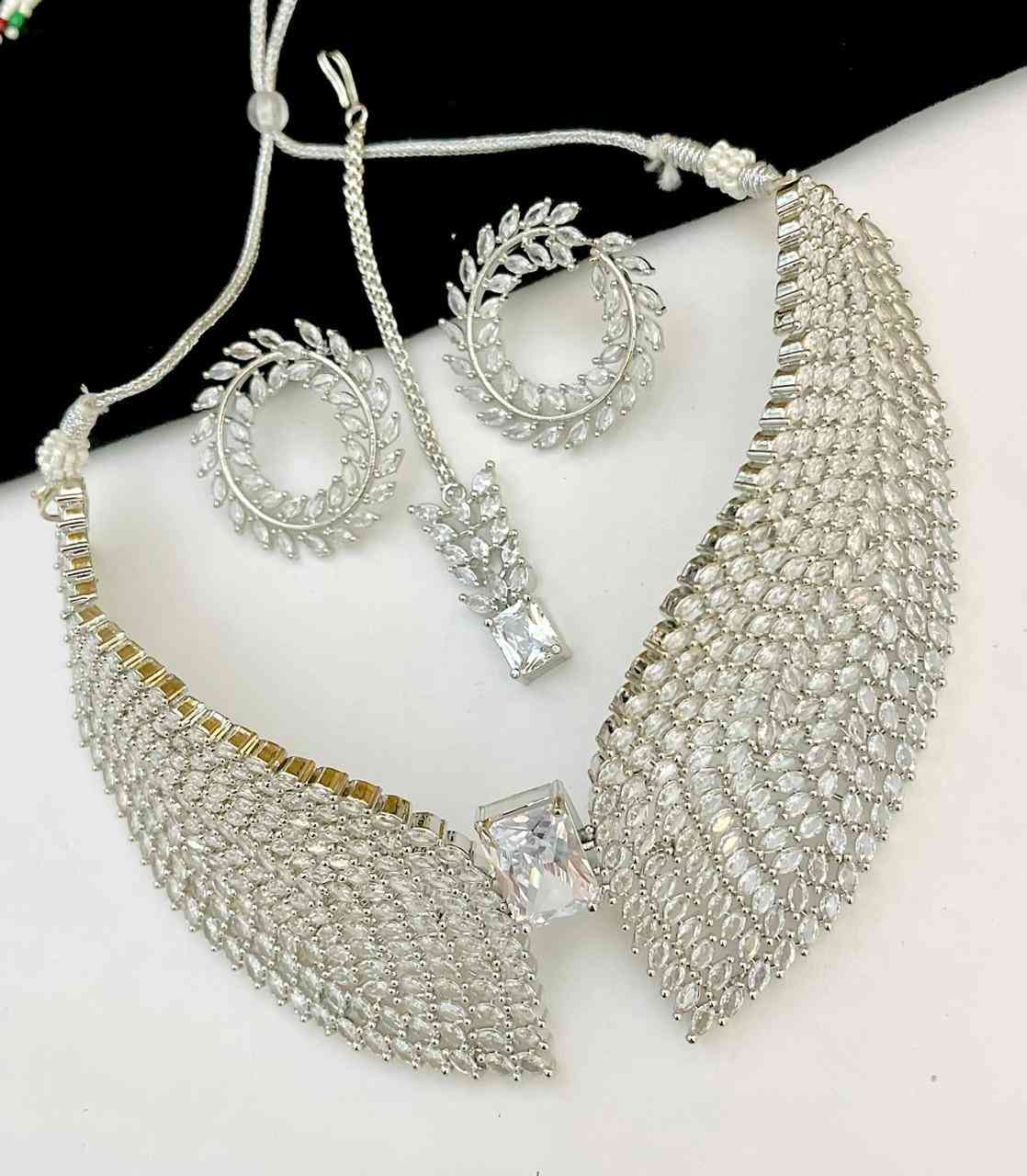 Beautiful Premium Quality American Diamond Necklace With Beautiful  Earrings And Tika....