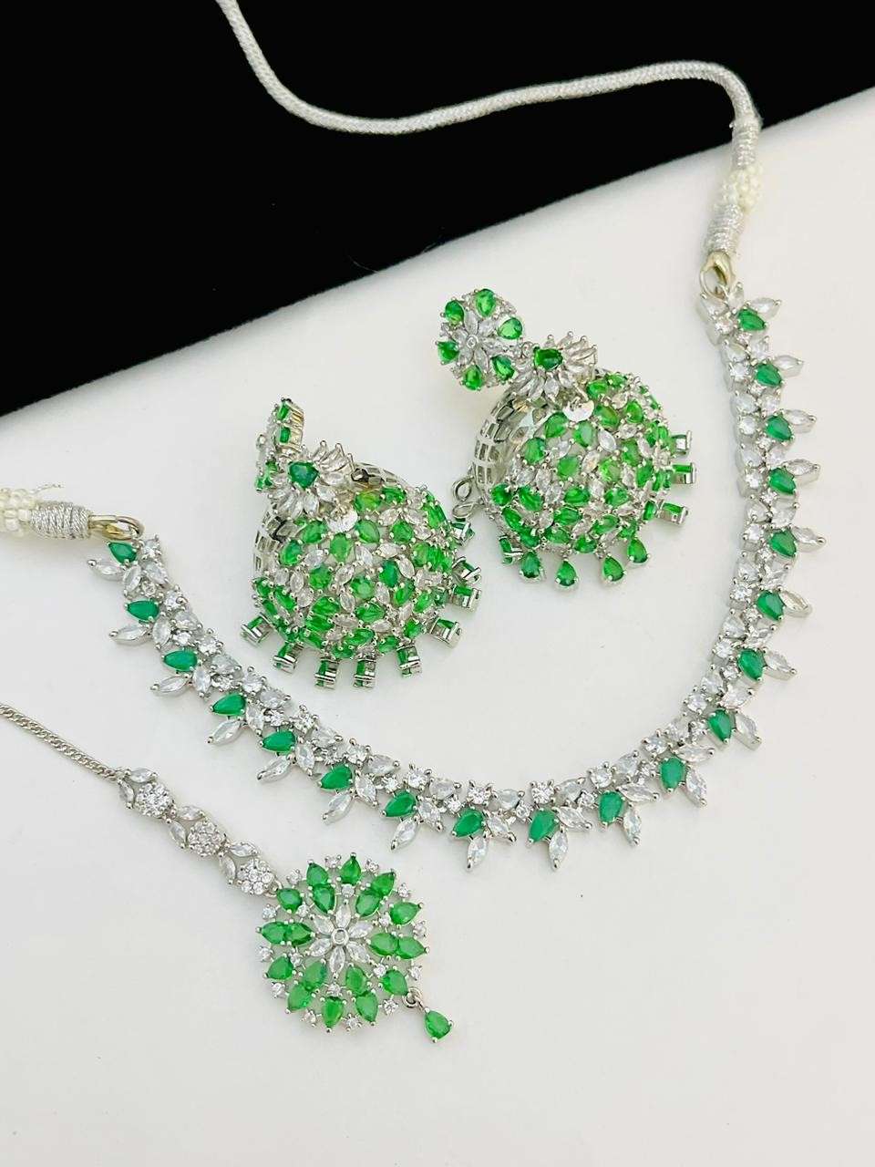 Beautiful Premium Quality American Diamond Necklace With Beautiful  Jhumka And Tika....