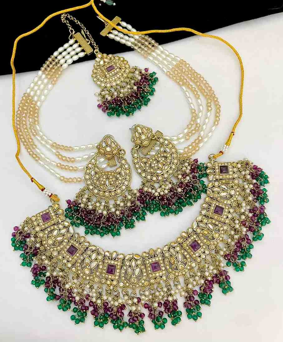 Beautiful Premium Quality Reverse Ad Stone Work Pakistani Necklace With Beautiful Kan Chain Earring 