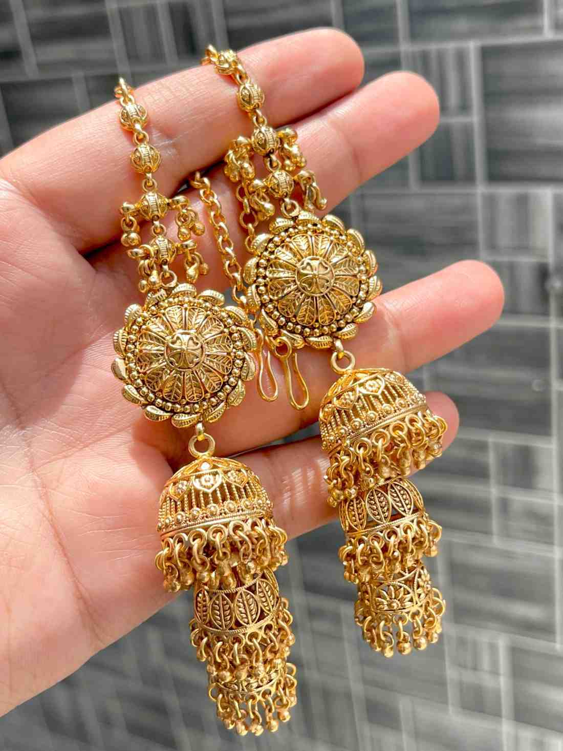 Beautiful Premium Quality Matt Gold Kan Chain Triple Layer Jhumkie