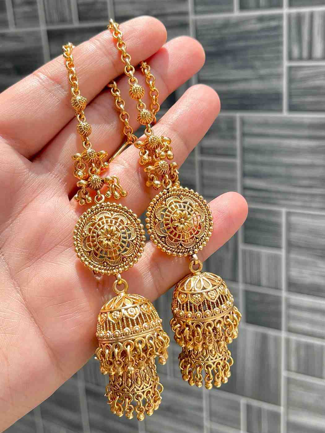 Beautiful Premium Quality Matt Gold Kan Chain Double Layer Jhumkie