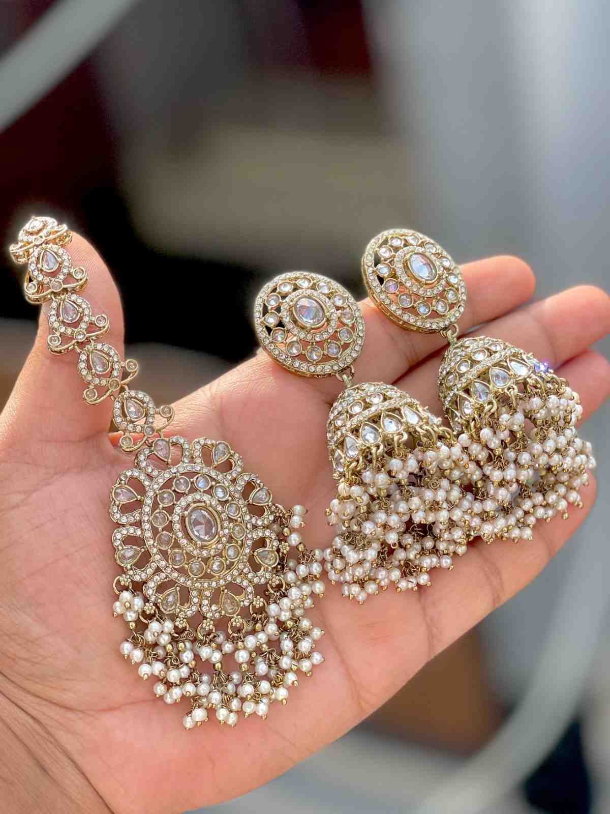 Beautiful Premium Quality Reverse Ad Stone Work Pakistani Statement Jhumkq And Tika….