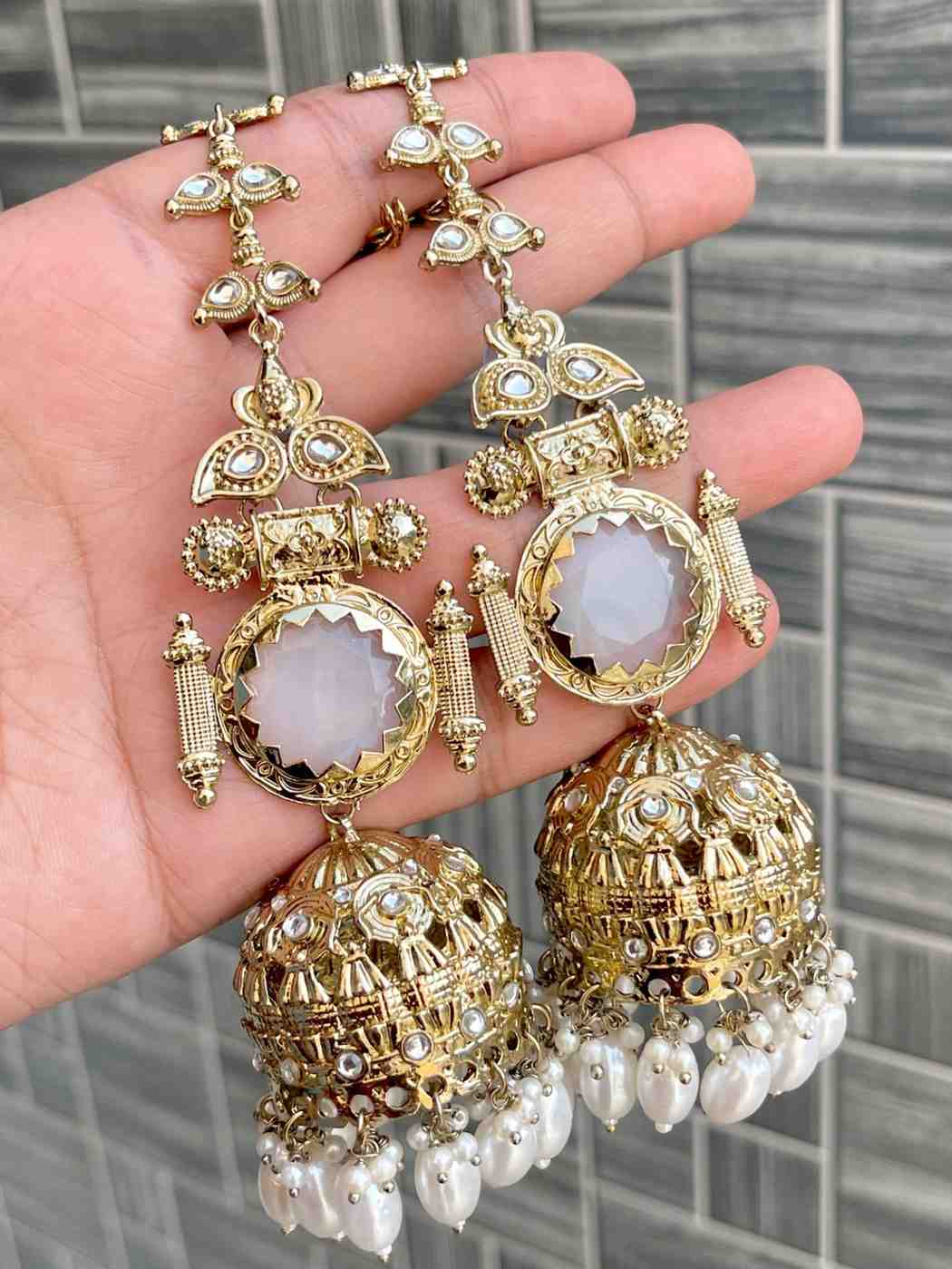 Beautiful Premium Quality Mop Stone Work Gold Plated Kan Chain Trending Bollywood Jhumka...