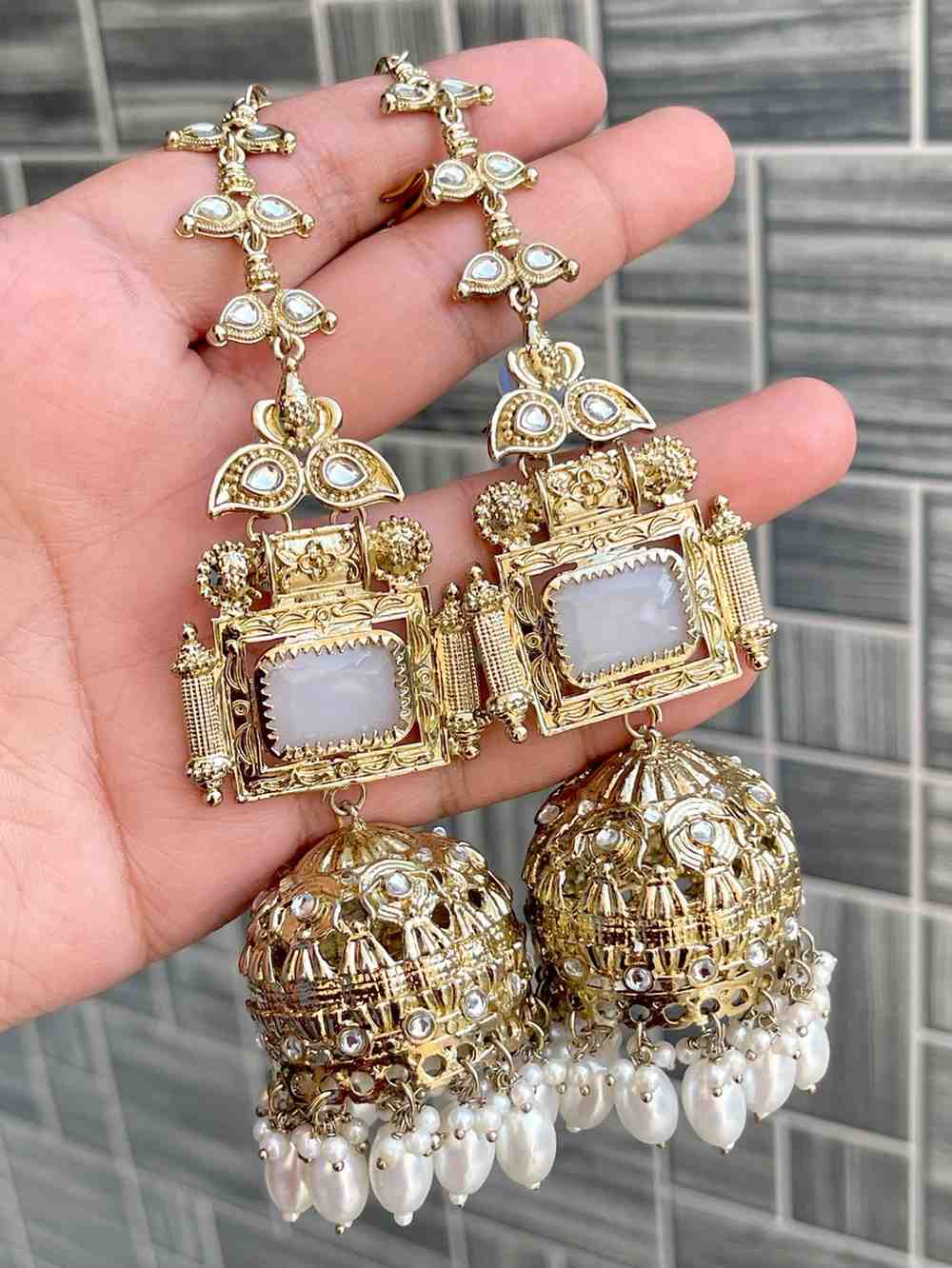 Beautiful Premium Quality Mop Stone Work Gold Plated Kan Chain Trending Bollywood Jhumka...