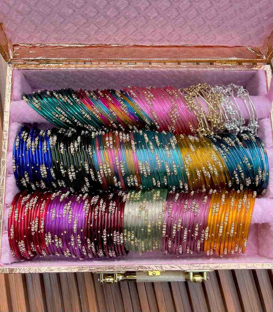 Beautiful Premium Quality Colourful Ranidrop Kashmiri Bangles Box Of 15 Dozen With Ghungroo In Both 