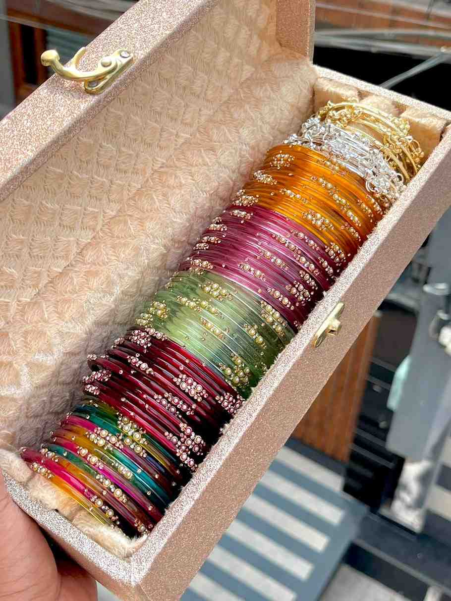 Beautiful Premium Quality Colourful Glass Bangles Box Of 5 Dozen With Ghungroo In Both Tones…. Both