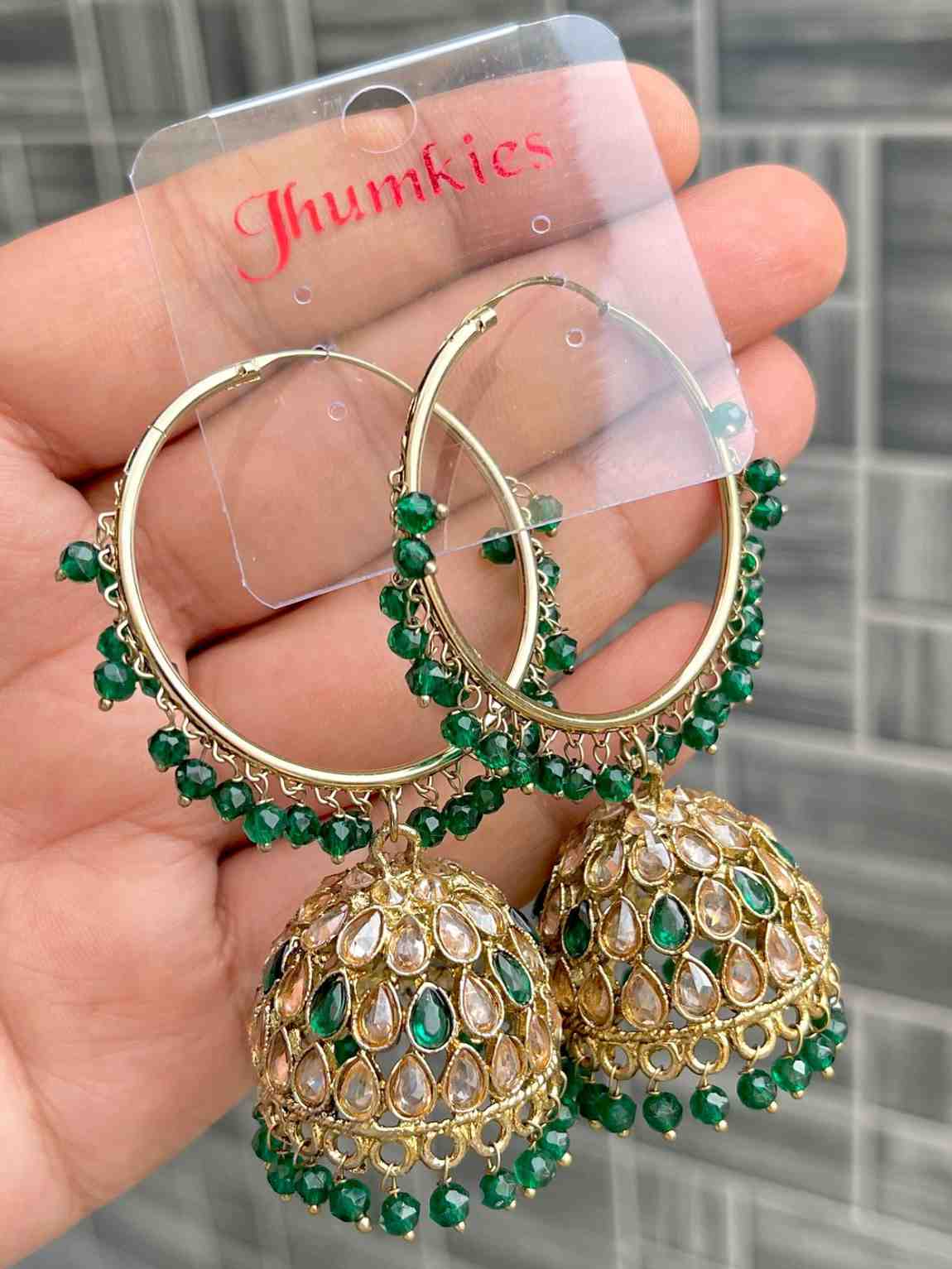Beautiful Premium Quality Reverse Ad Stone Work Pakistani  Look Bali Jhumkie....