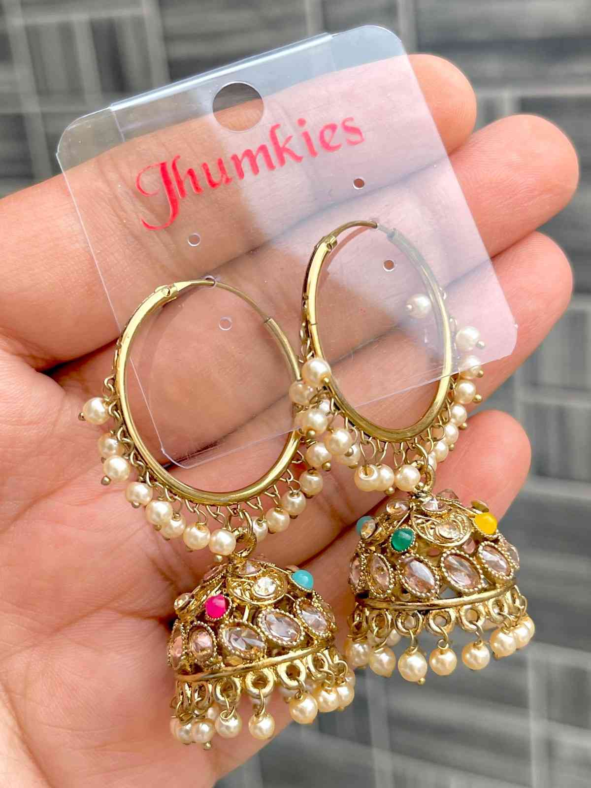 Beautiful Premium Quality Reverse Ad Stone Work Pakistani  Look Bali Jhumkie....