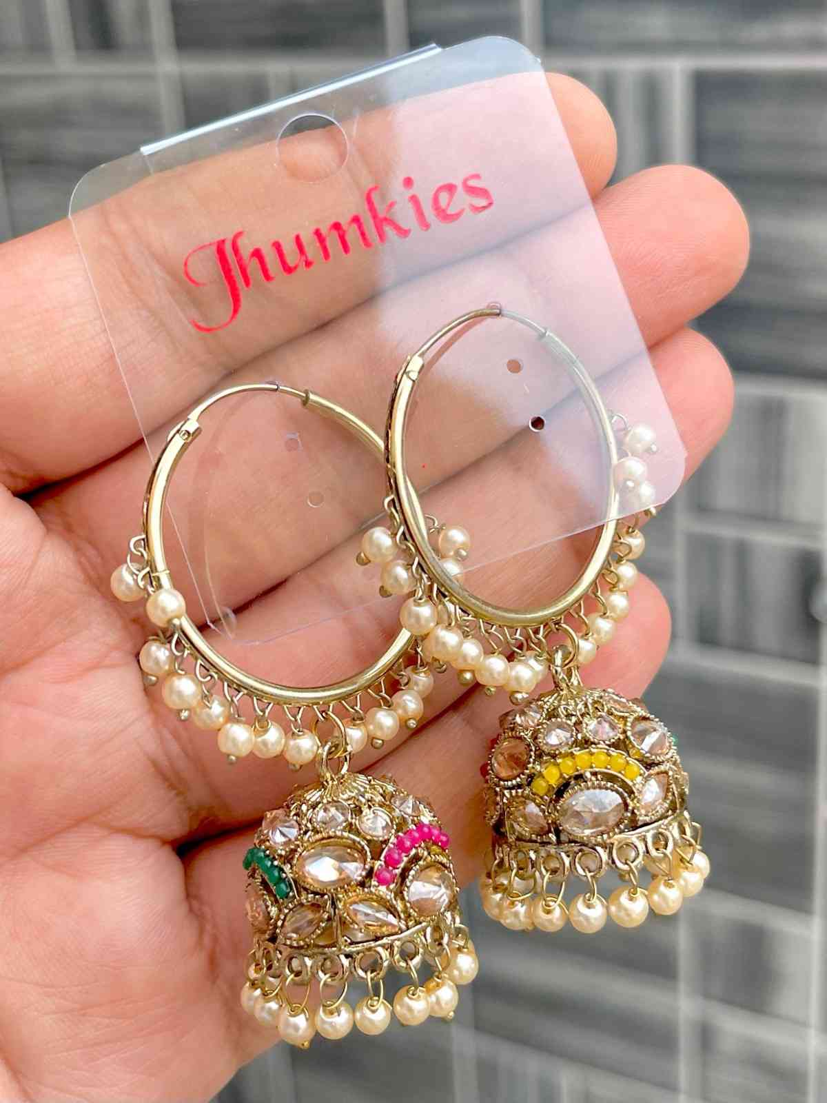 Beautiful Premium Quality Reverse Ad Stone Work Pakistani  Look Bali Jhumkie....