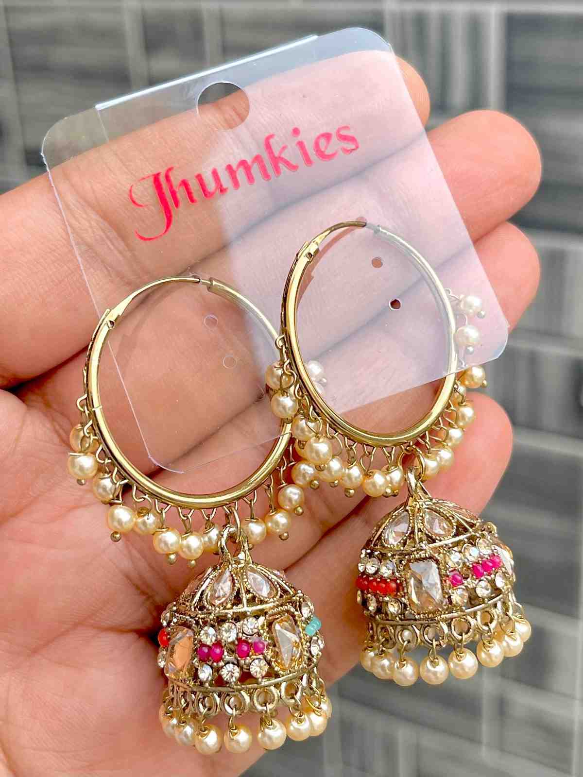Beautiful Premium Quality Reverse Ad Stone Work Pakistani  Look Bali Jhumkie....