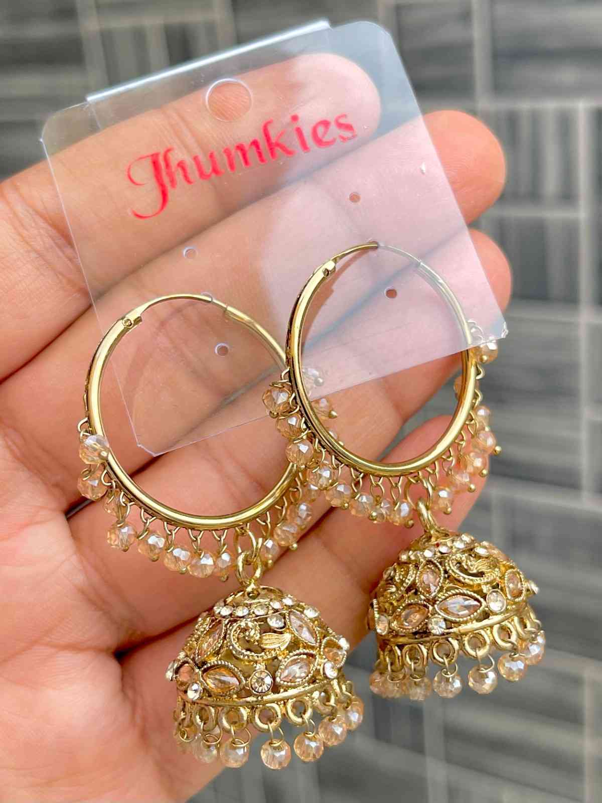 Beautiful Premium Quality Reverse Ad Stone Work Pakistani  Look Bali Jhumkie....