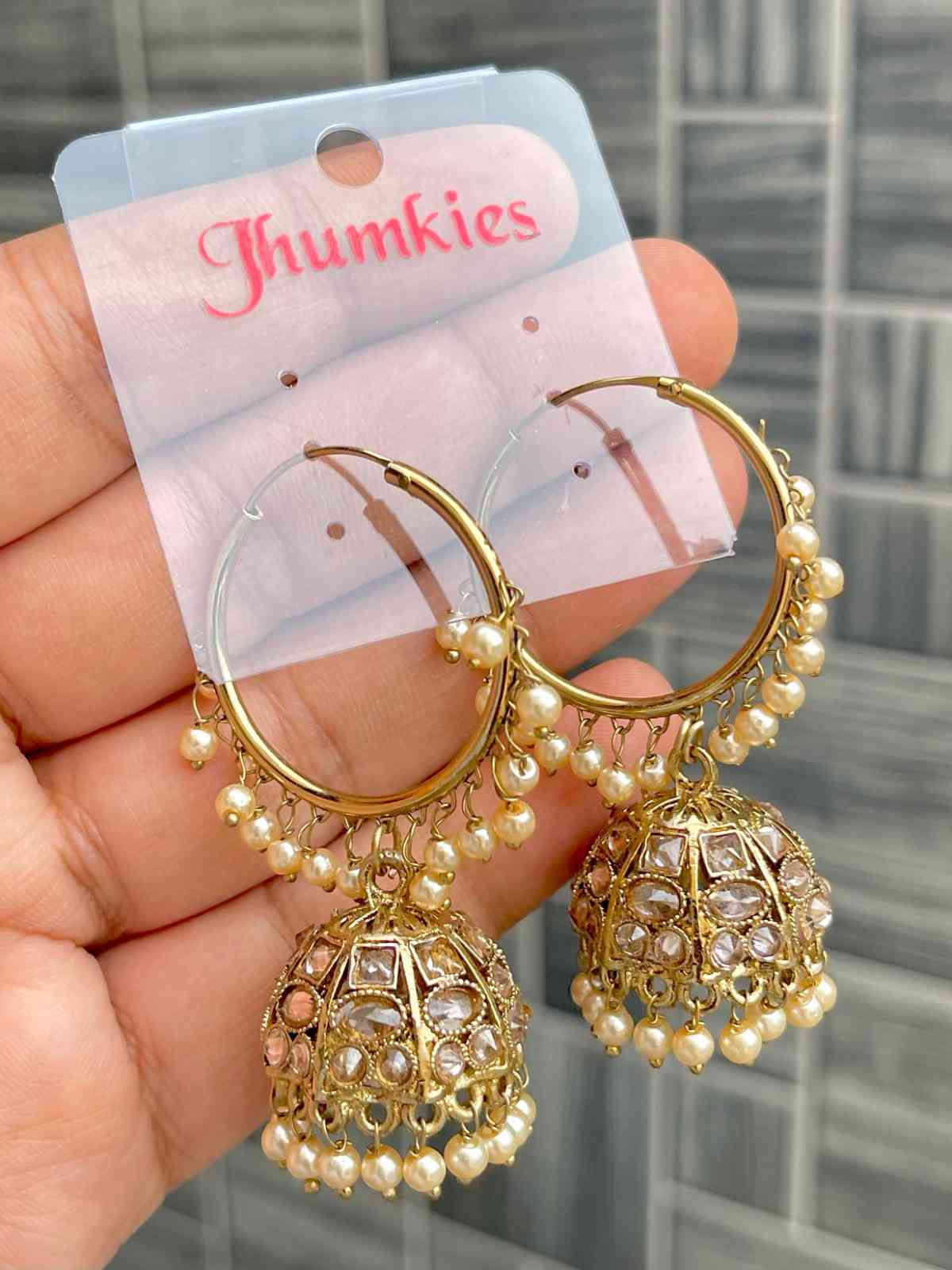 Beautiful Premium Quality Reverse Ad Stone Work Pakistani  Look Bali Jhumkie....