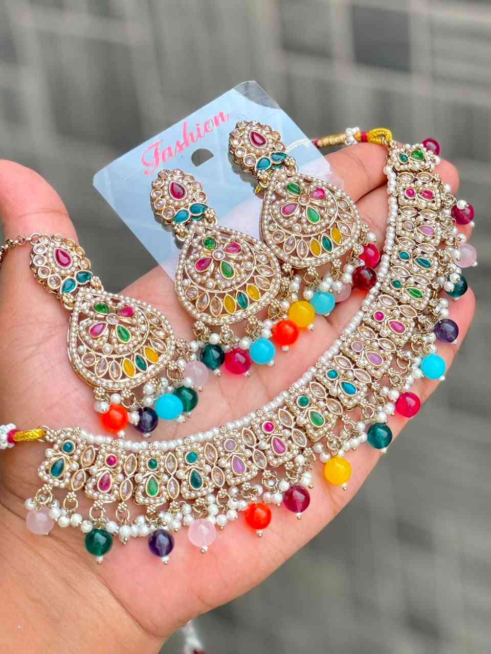 Beautiful Premium Quality Reverse Ad Stone Work Necklace With Beautiful Earrings And tika...