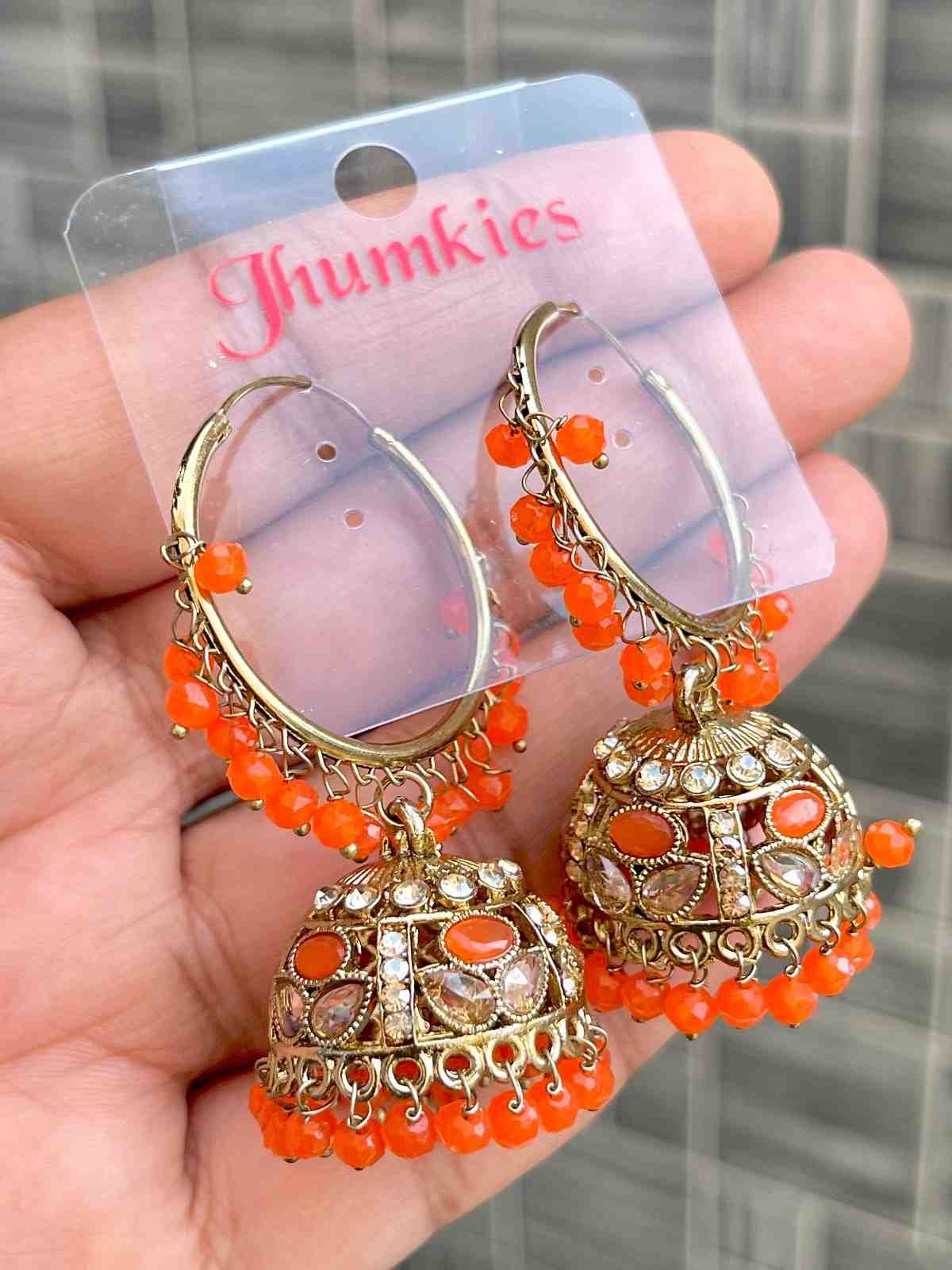 Beautiful Premium Quality Reverse Ad Stone Work Pakistani  Look Bali Jhumkie....
