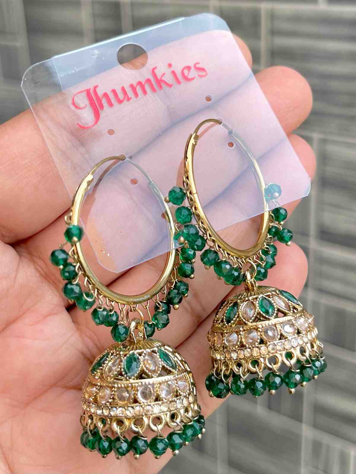 Beautiful Premium Quality Reverse Ad Stone Work Pakistani  Look Bali Jhumkie....