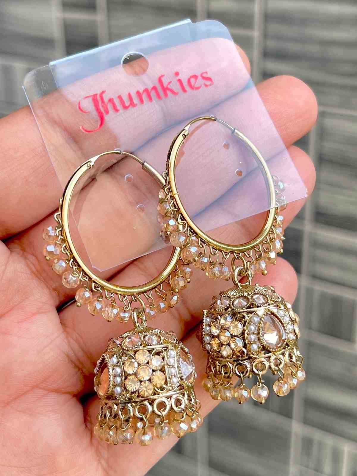 Beautiful Premium Quality Reverse Ad Stone Work Pakistani  Look Bali Jhumkie....