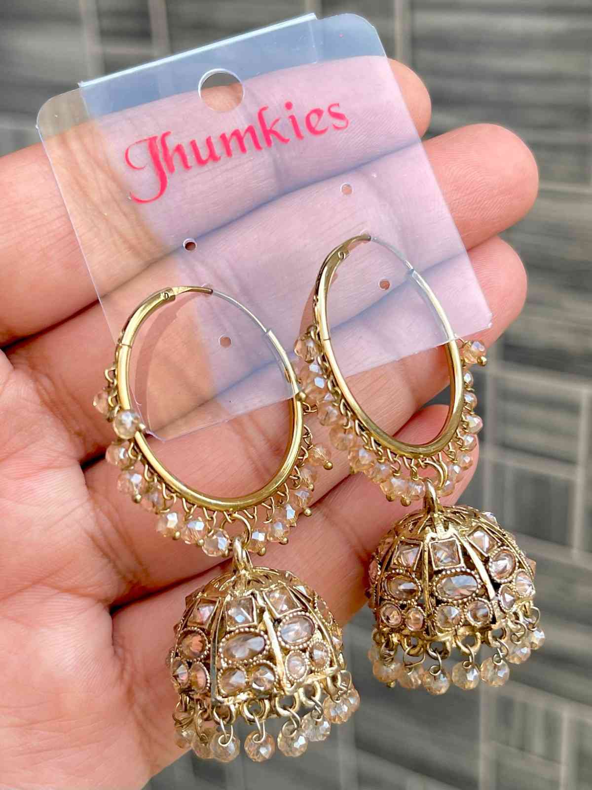 Beautiful Premium Quality Reverse Ad Stone Work Pakistani  Look Bali Jhumkie....