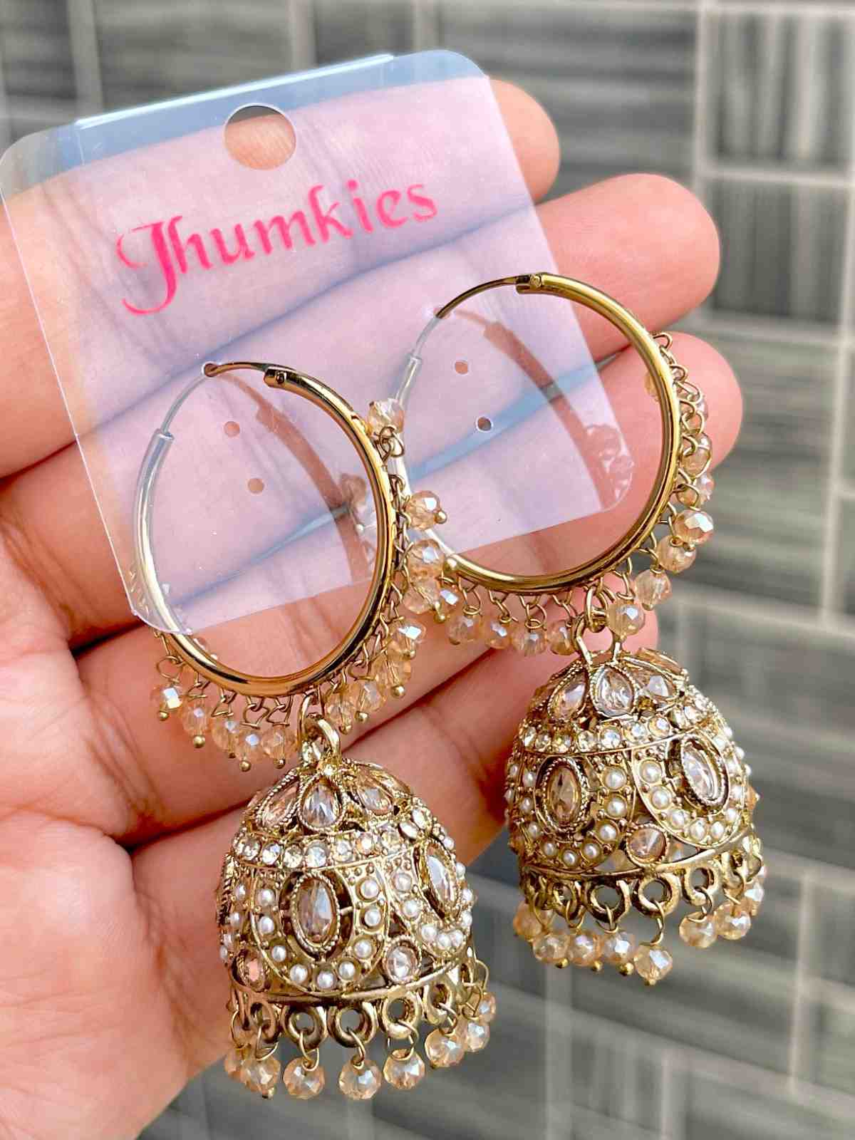 Beautiful Premium Quality Reverse Ad Stone Work Pakistani  Look Bali Jhumkie....
