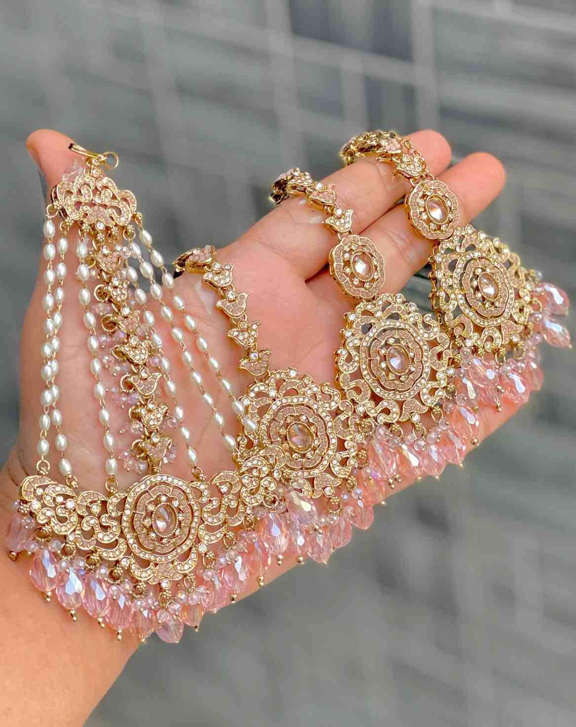 Original Crystal Bead Work Pakistani Chain Earrings With Tika And Beautiful Big Size Side Passa