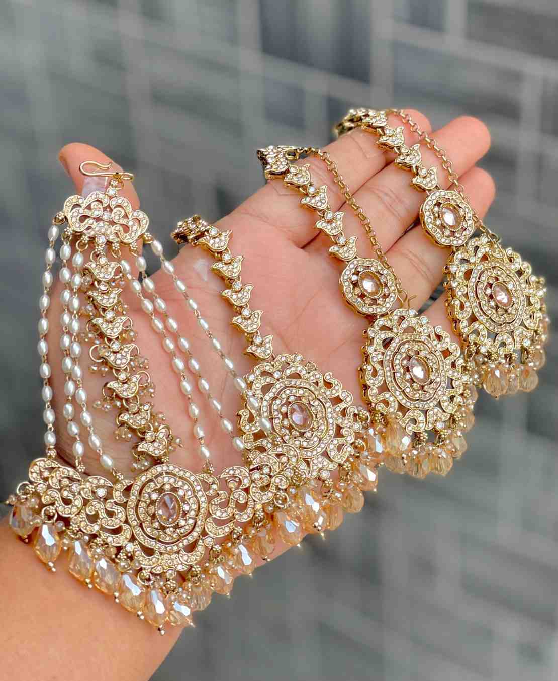 Original Crystal Bead Work Pakistani Chain Earrings With Tika And Beautiful Big Size Side Passa