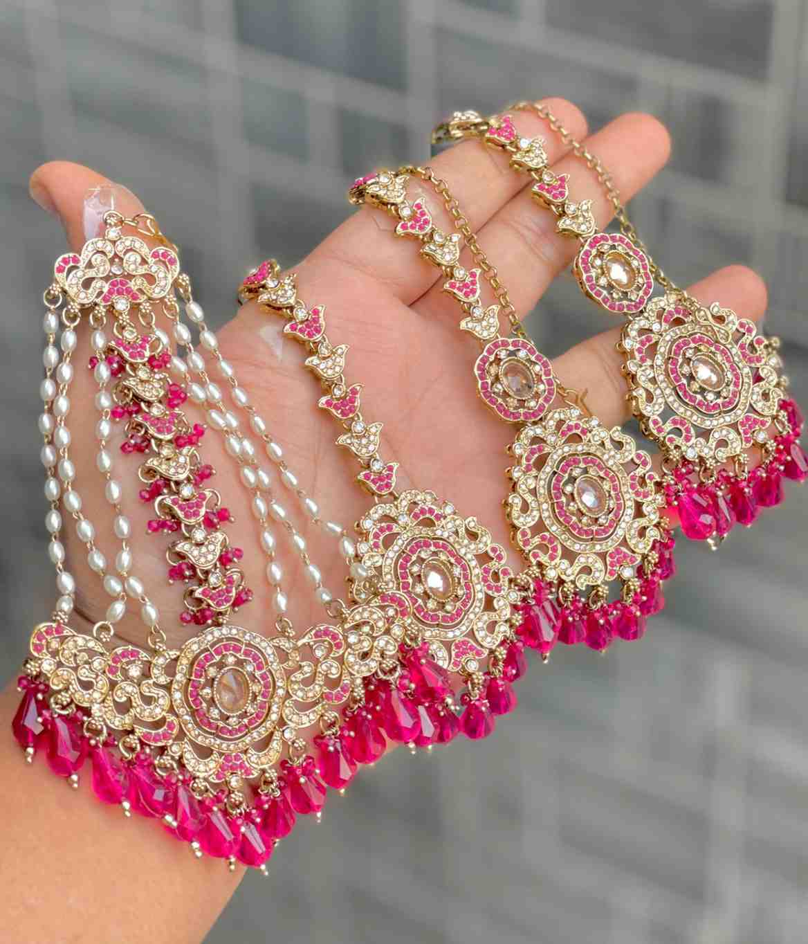 Original Crystal Bead Work Pakistani Chain Earrings With Tika And Beautiful Big Size Side Passa