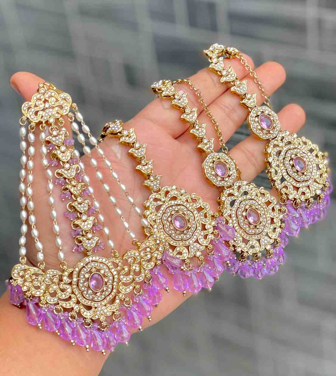 Original Crystal Bead Work Pakistani Chain Earrings With Tika And Beautiful Big Size Side Passa