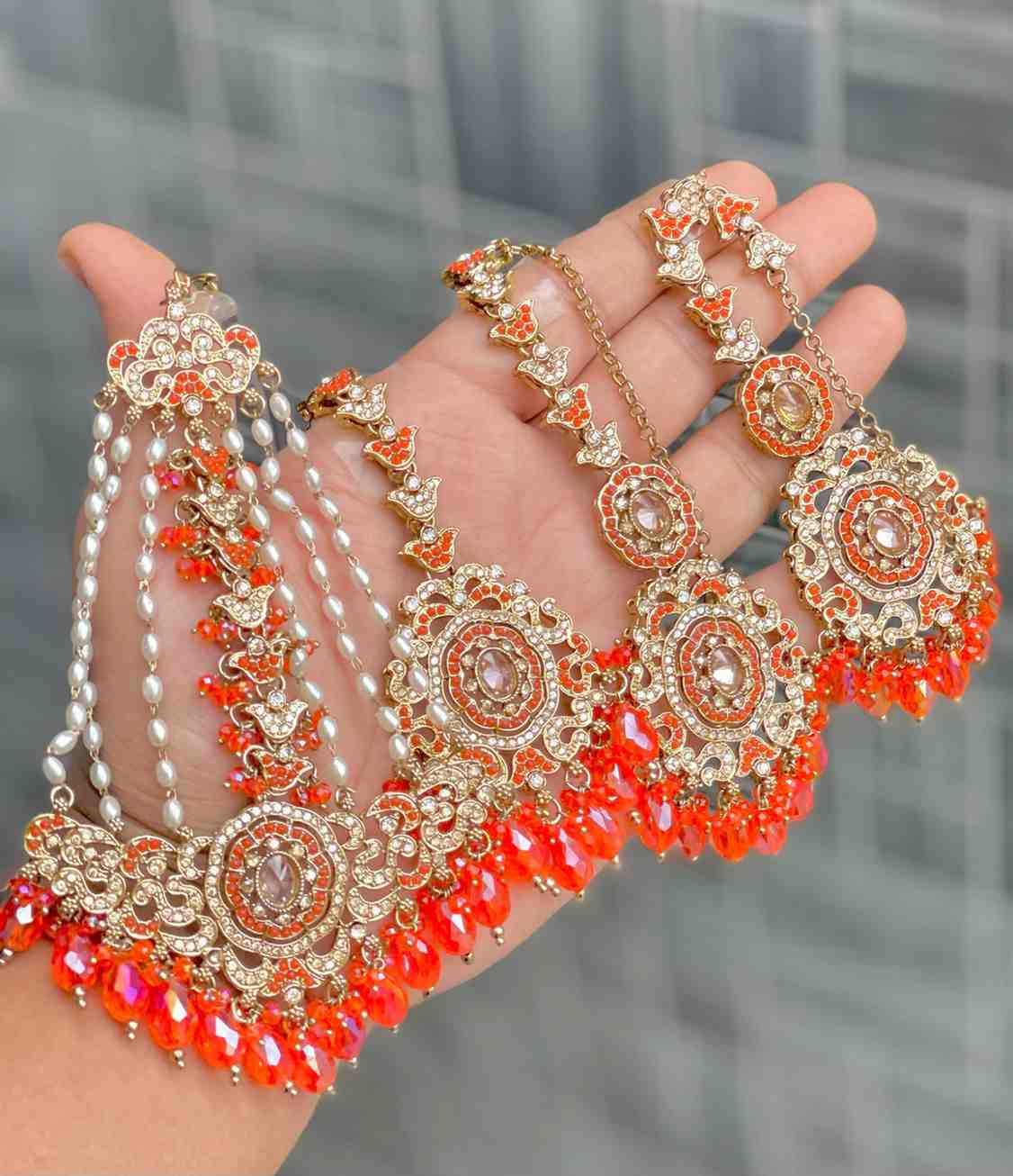 Original Crystal Bead Work Pakistani Chain Earrings With Tika And Beautiful Big Size Side Passa