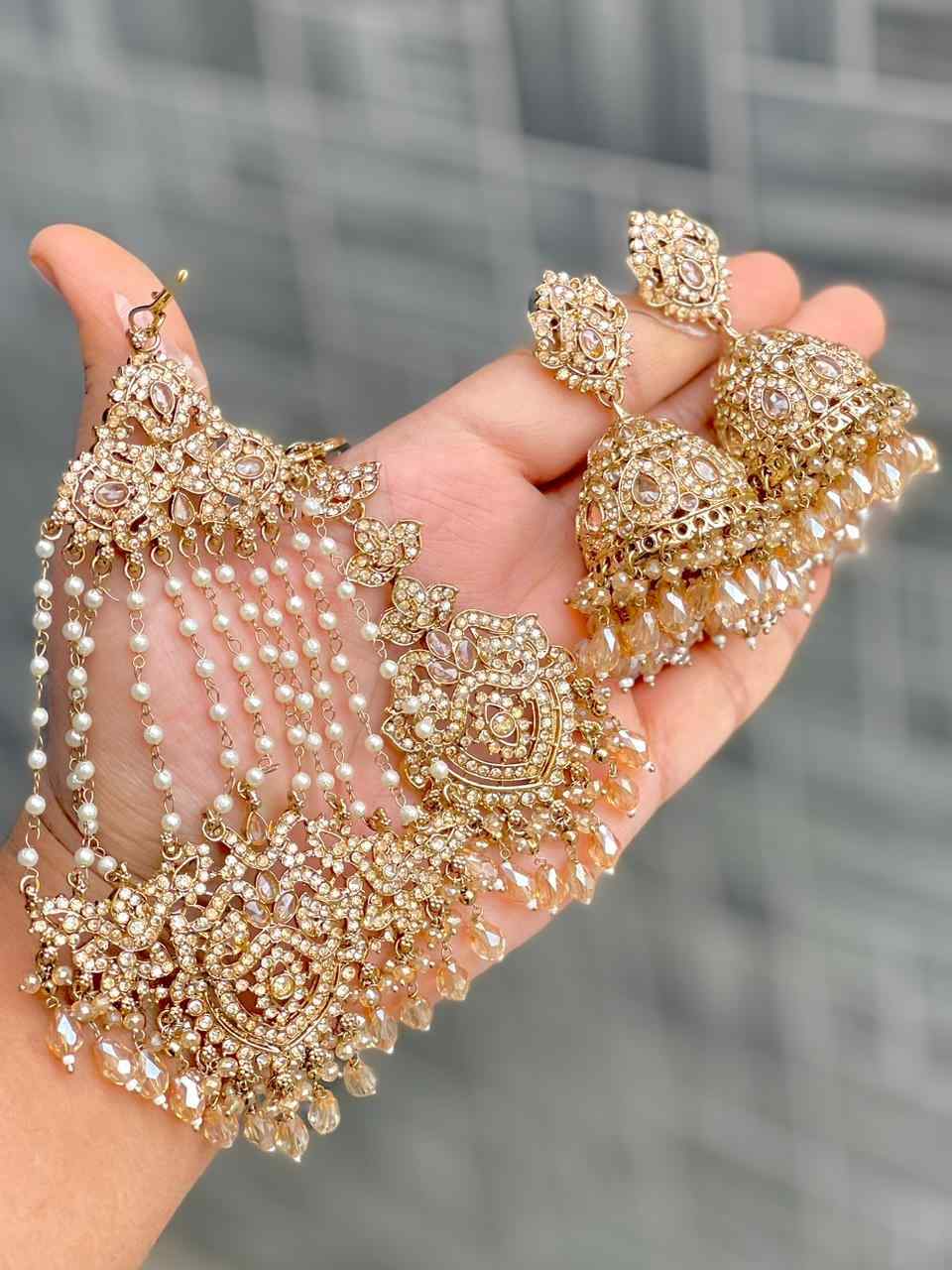 Original Crystal Bead Work Pakistani Jhumka With Tika And Beautiful Big Size Side Passa