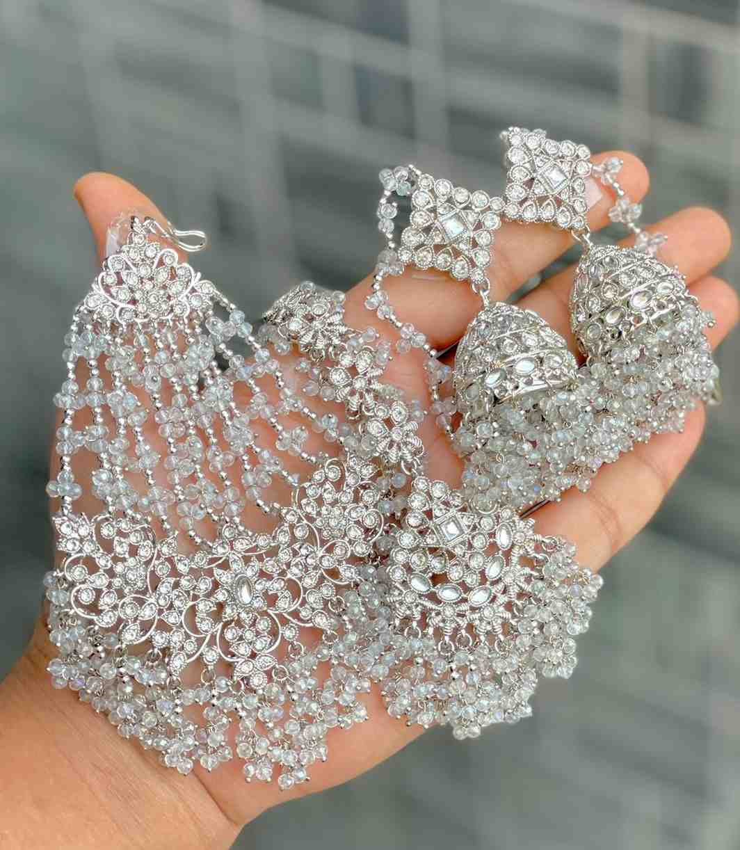 Original Crystal Bead Work Pakistani Chain Jhumka With Tika And Beautiful Big Size Side Passa