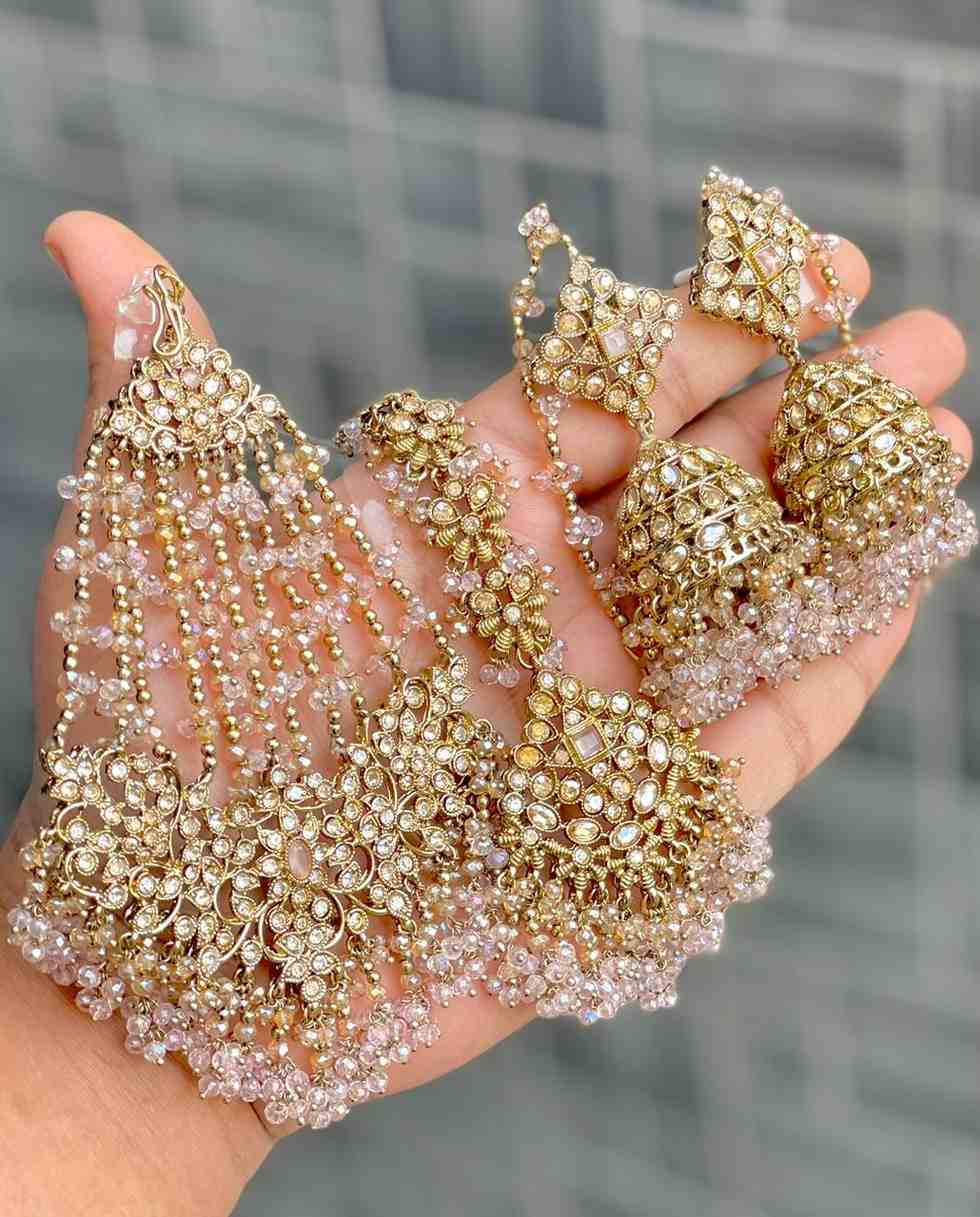 Original Crystal Bead Work Pakistani Chain Jhumka With Tika And Beautiful Big Size Side Passa