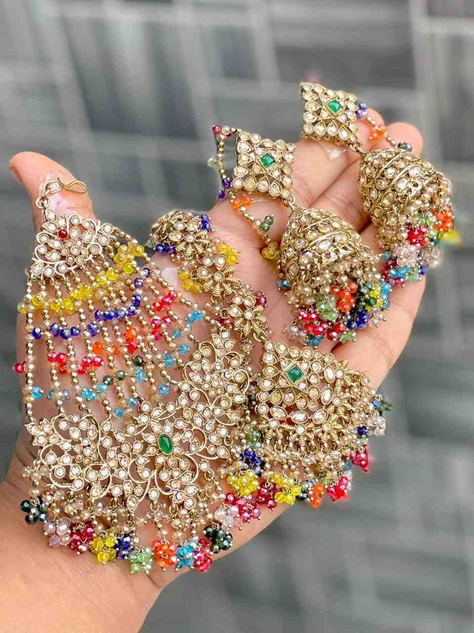 Original Crystal Bead Work Pakistani Chain Jhumka With Tika And Beautiful Big Size Side Passa