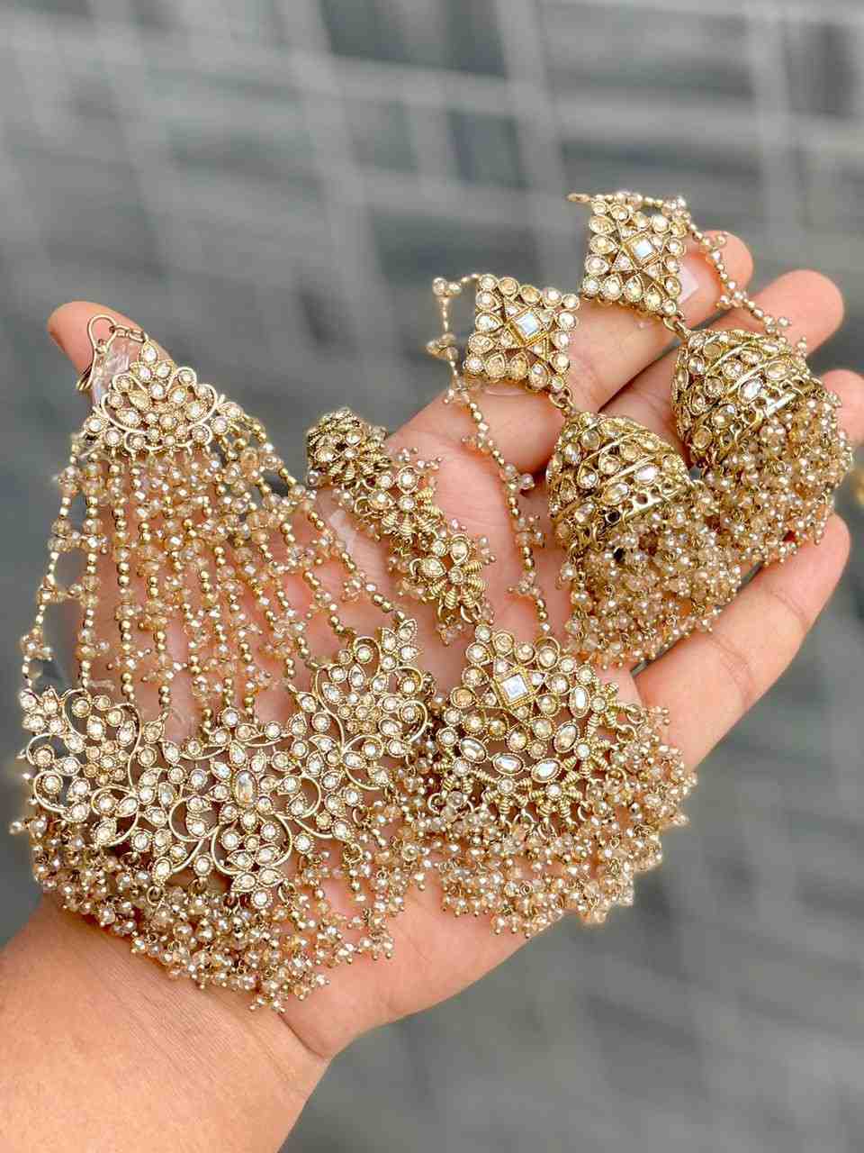 Original Crystal Bead Work Pakistani Chain Jhumka With Tika And Beautiful Big Size Side Passa